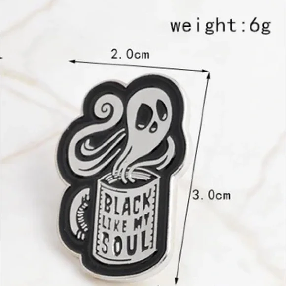 Goth Ghost Horror Coffee Mug Cup “Black Like My Soul” Metal Enamel Pin Brooch - Picture 3 of 11